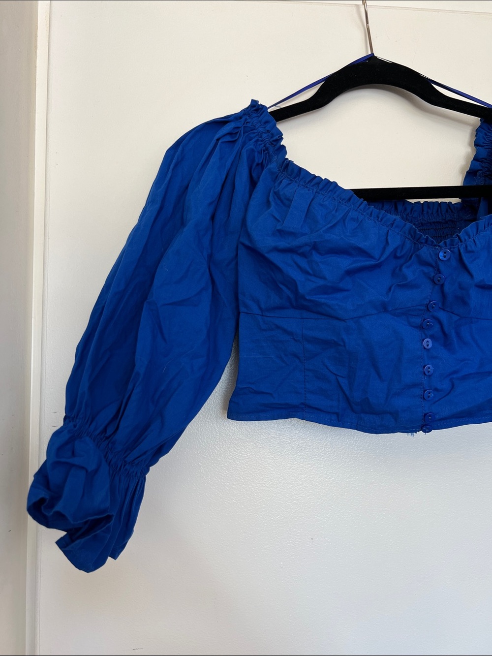 Zara Royal Blue Puff-Sleeve Crop Top Cottagecore Prairie Smocked Shirt Blouse